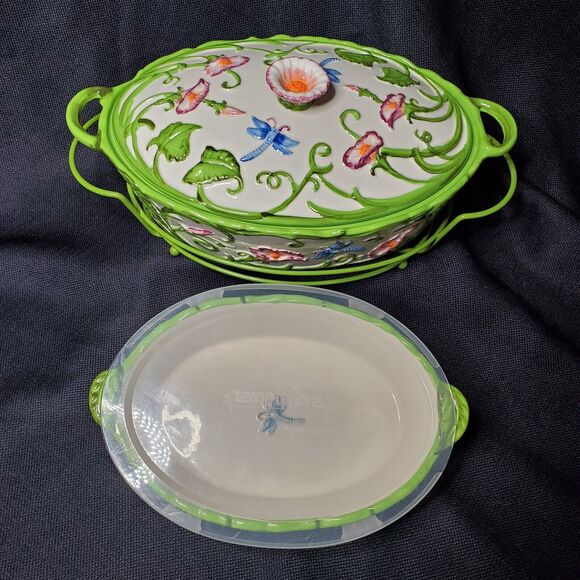 Temptations by Tara Green Dragonfly Ovenware Covered Casserole Set Oval 2qt, 1qt - Picture 1 of 14